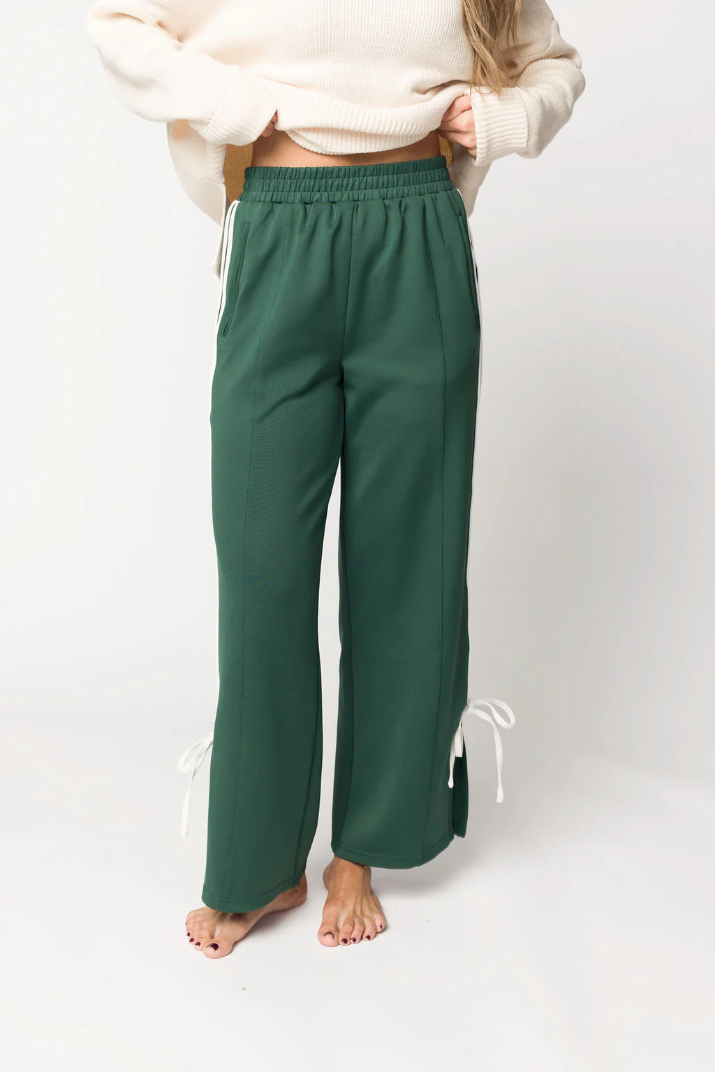 Murphy Track Pants with Bow Detail in Green/White - Fashionser