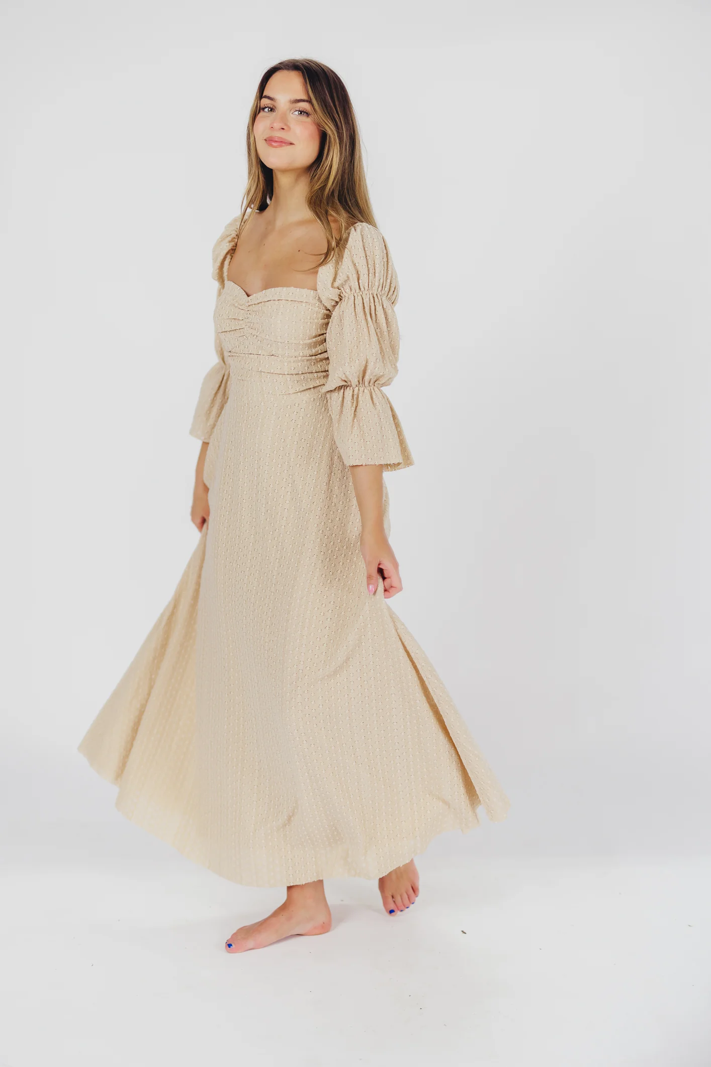 Corrine Tiered Sleeve Maxi Dress with Pockets in Beige - Bump Friendly - Fashionser