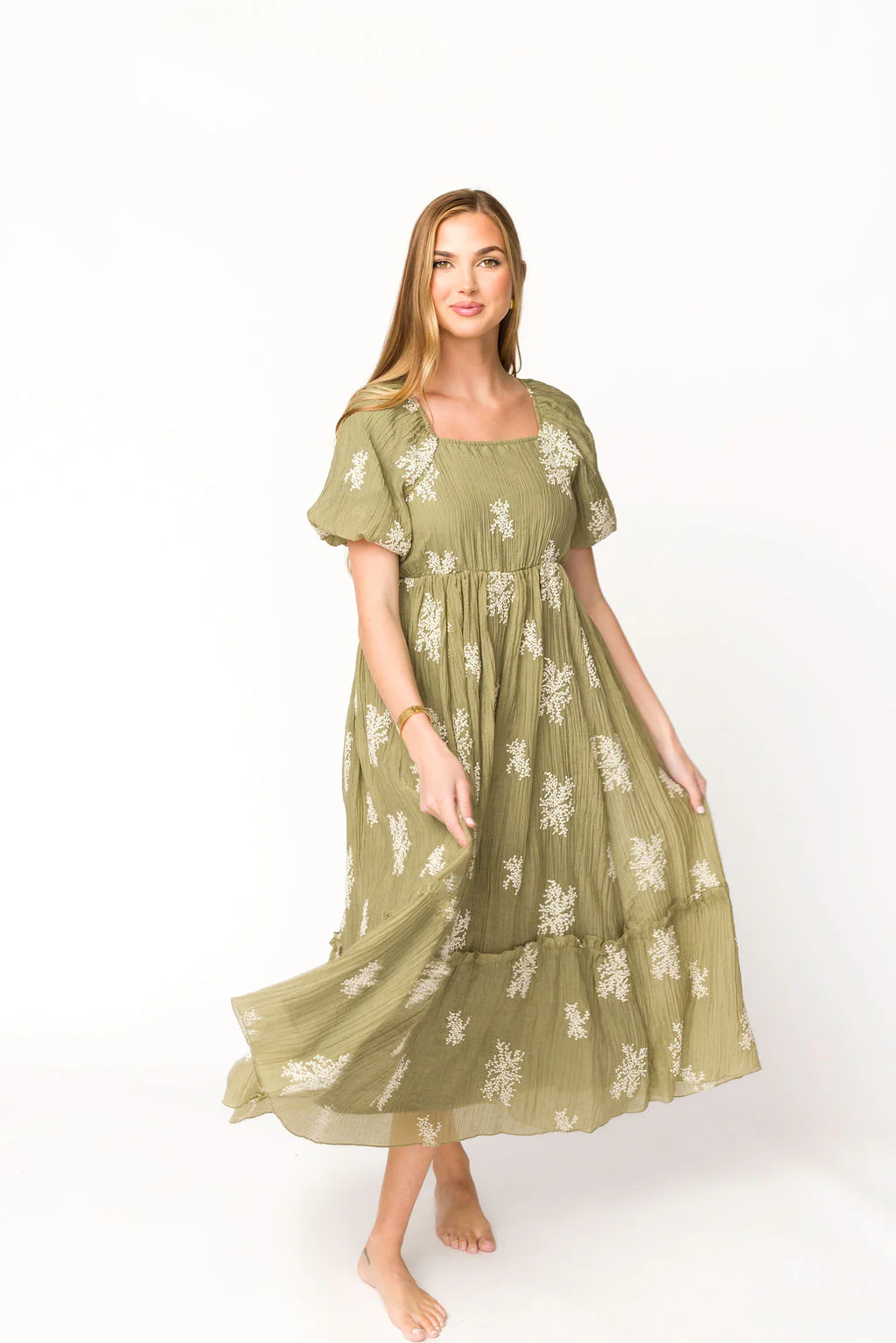Hallie Embroidered Maxi Dress in Olive - Bump Friendly & Inclusive Sizing (S-3XL) - Fashionser
