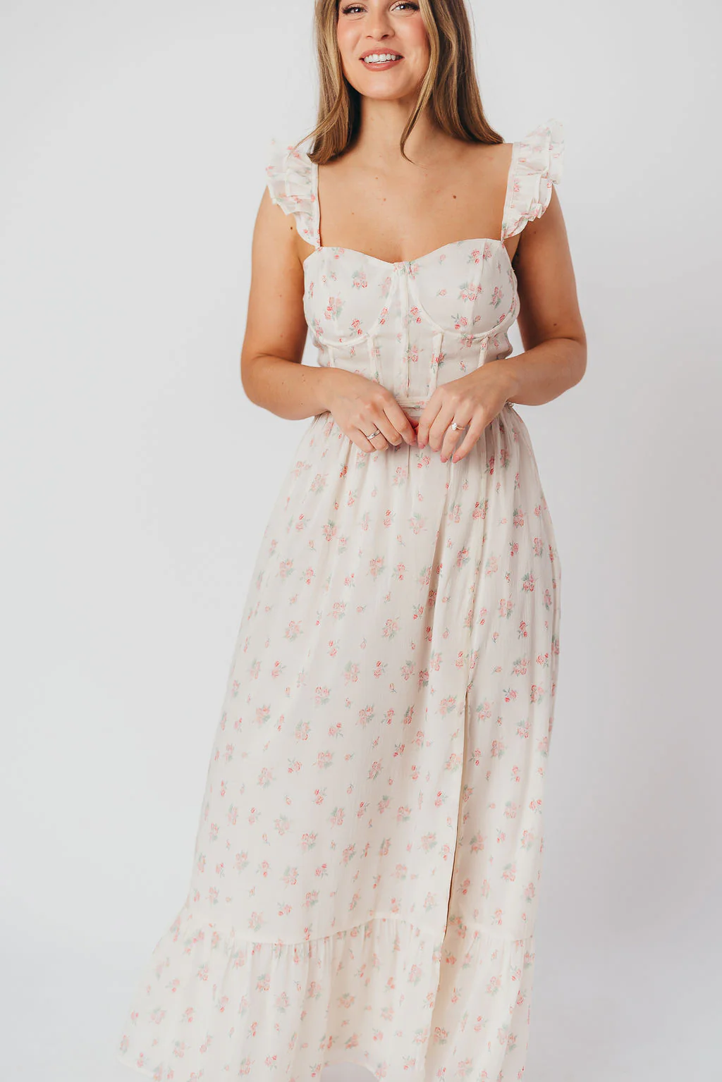 Rosamund Bustier-Style Maxi Dress in Blush Pink Floral - Inclusive Sizing (S-3XL) - Fashionser