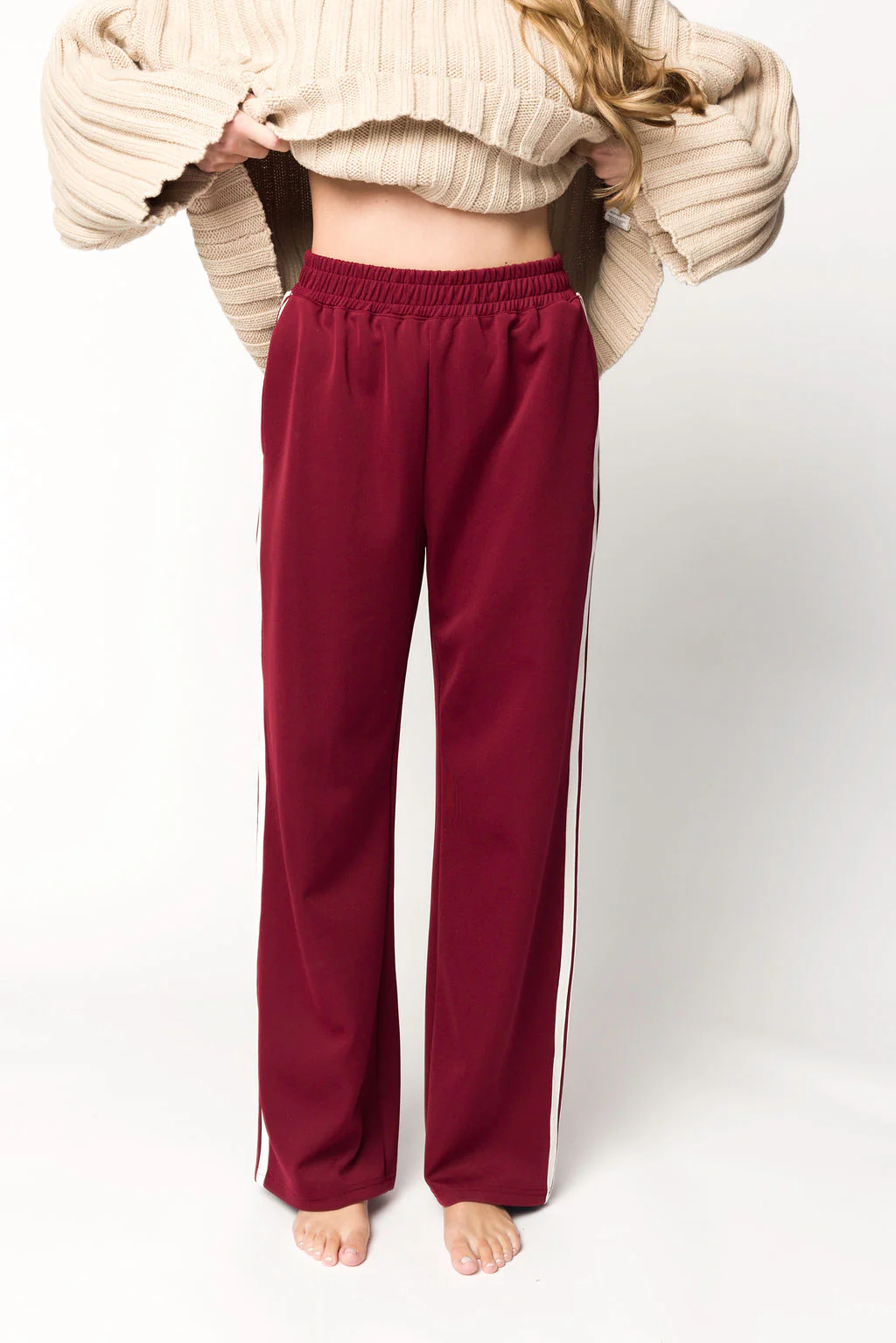 Sue Wide Leg Track Pants in Burgundy - Fashionser