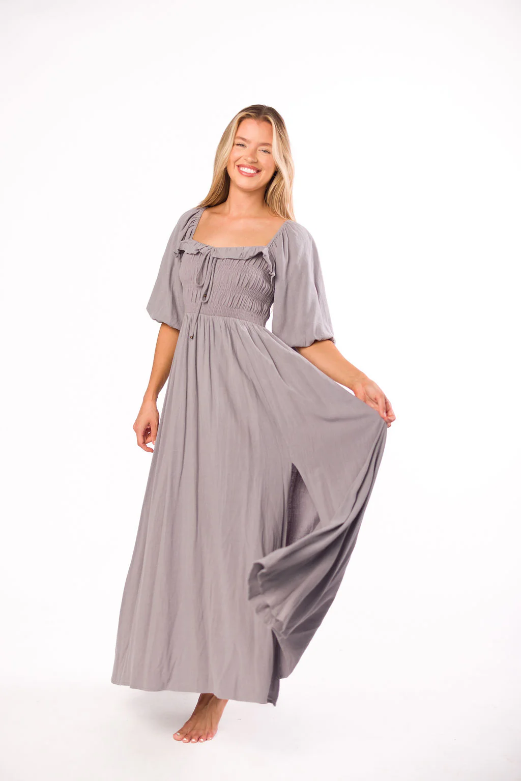 Devon Smocked Maxi Dress in Slate Grey - Bump Friendly - Fashionser