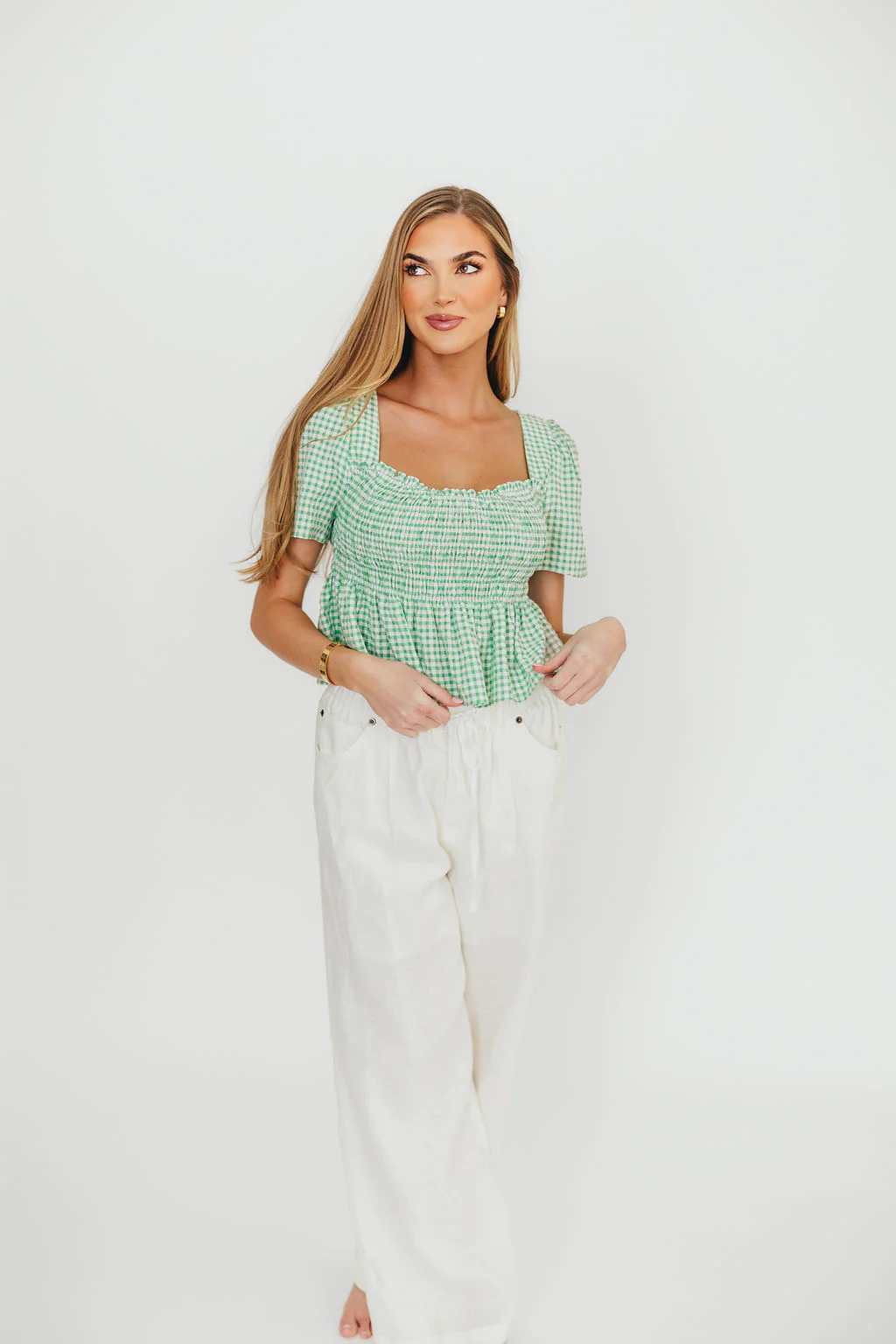 Murphy Smocked Puff Sleeve Blouse in Green - Fashionser