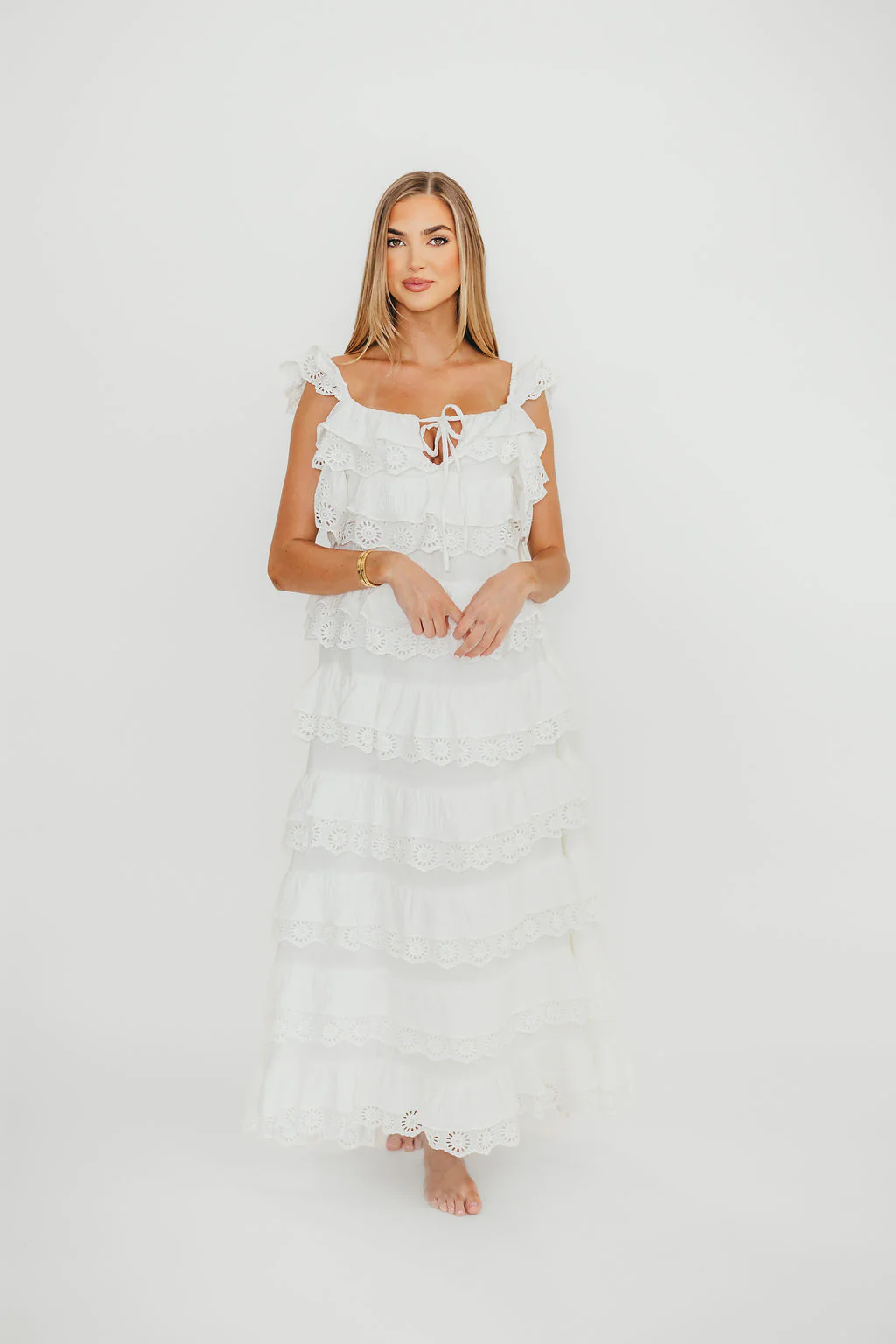 Mikayla 100% Cotton Lace and Gauze Contrast Tiered Maxi Dress in Off-White - Fashionser