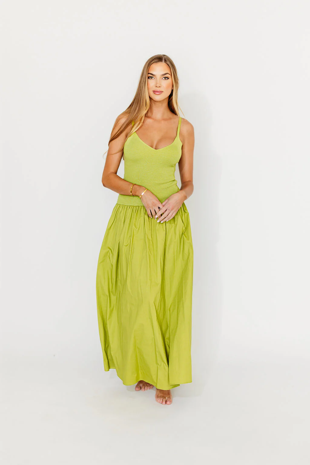 Gaby V-Neck Sleeveless Mixed Media Midi Dress in Green - Fashionser