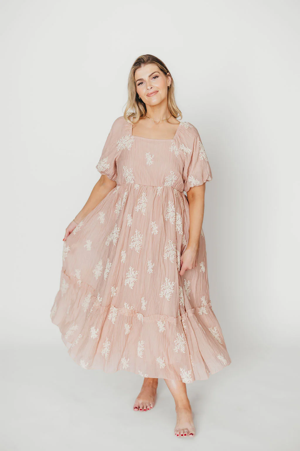 Hallie Embroidered Maxi Dress in Blush - Bump Friendly & Inclusive Sizing (S-3XL) - Fashionser
