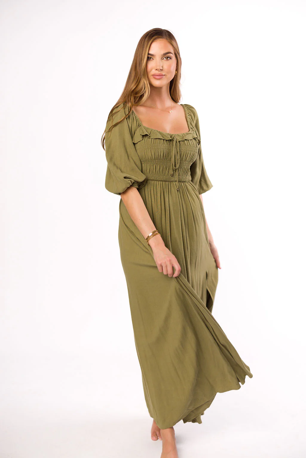 Devon Smocked Maxi Dress in Light Olive - Bump Friendly - Fashionser