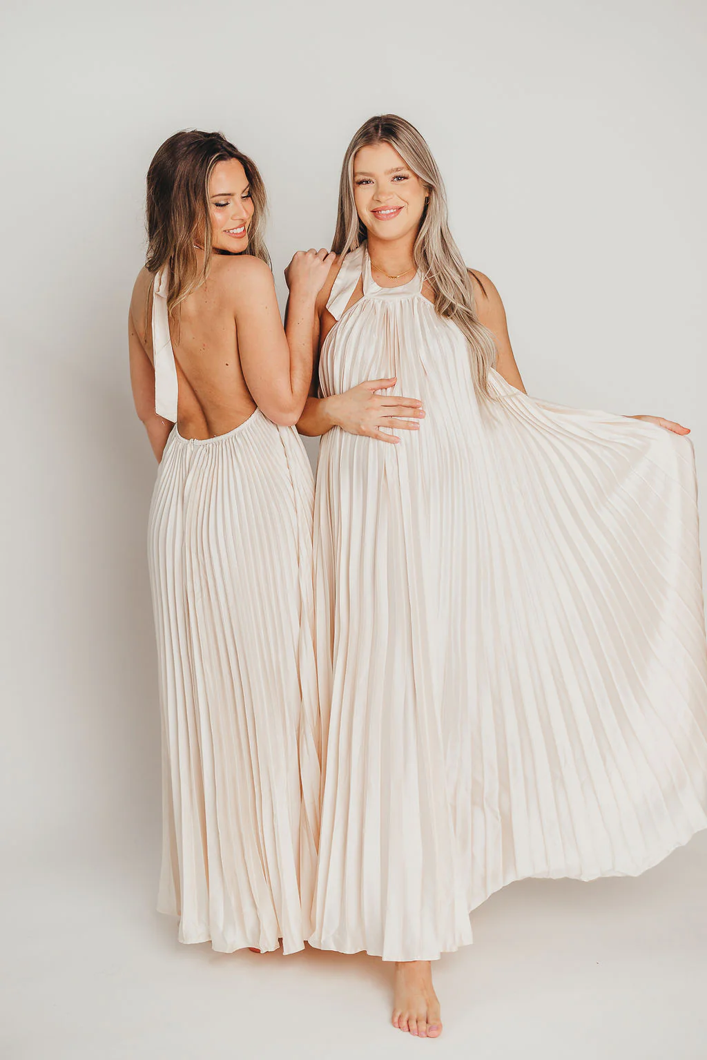 Maren Pleated Halter Maxi Dress in Cream - Bump Friendly - Fashionser