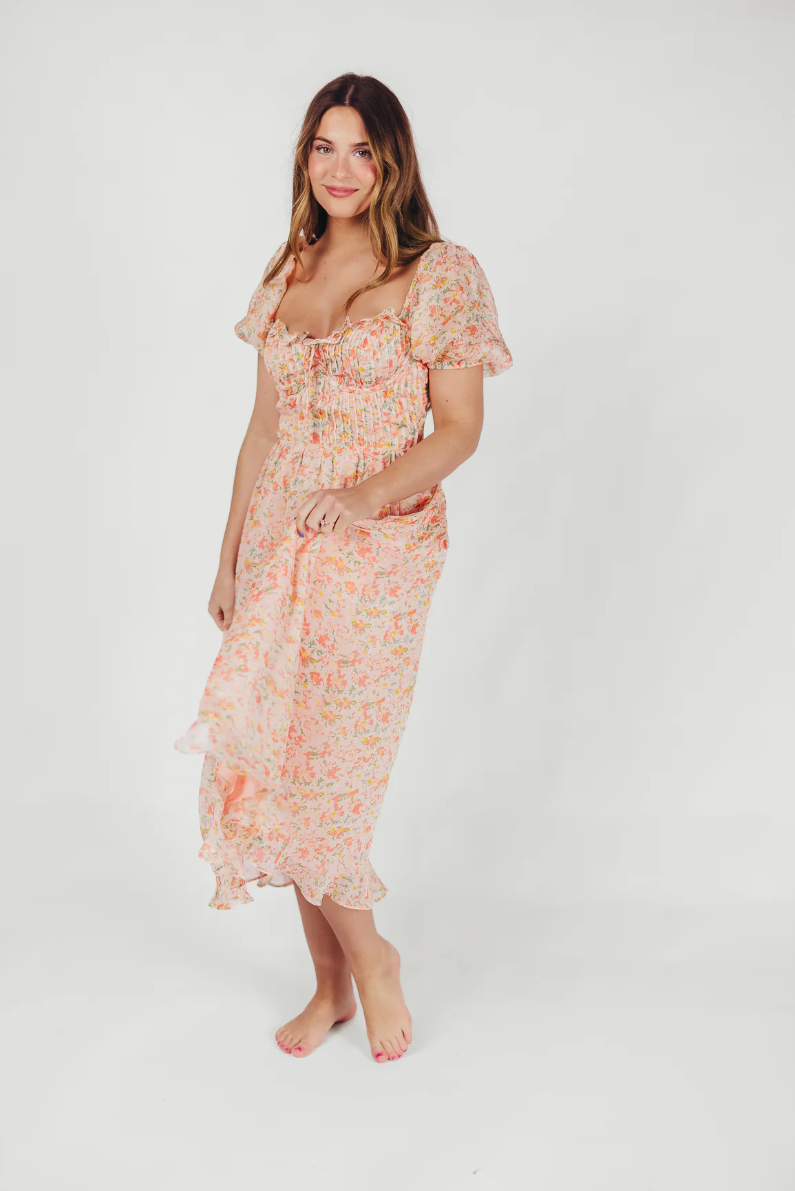 Lunaria Pleated Bustier Midi Dress in Orange Floral - Fashionser