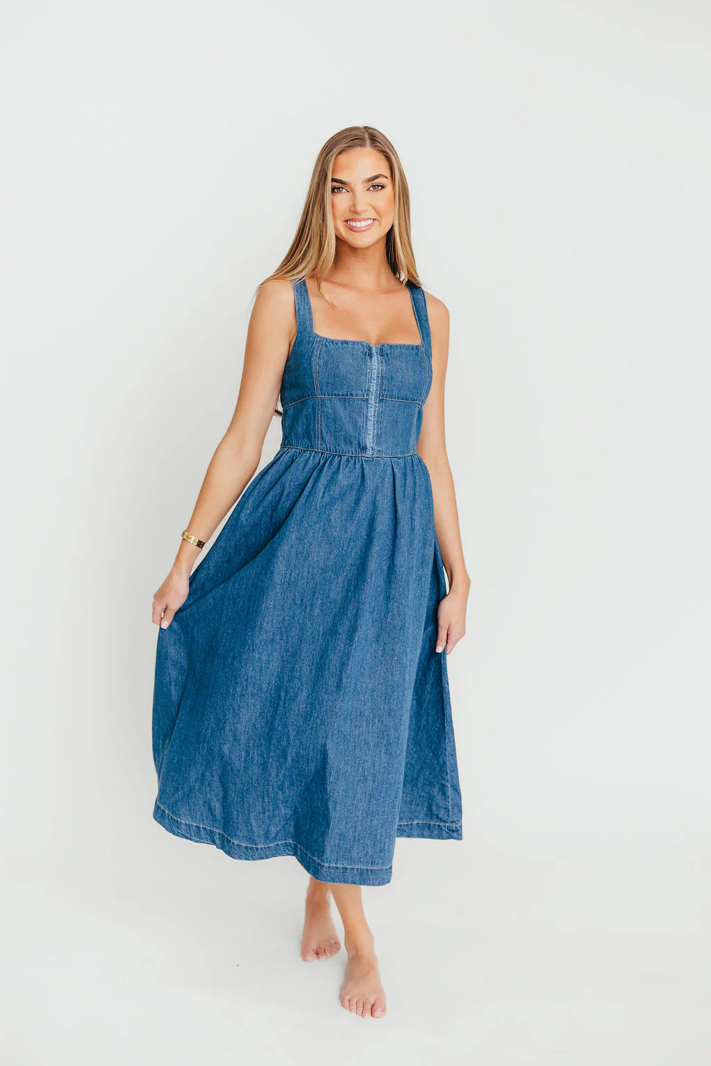 Frankie 100% Cotton Bustier Midi Dress in Denim - Fashionser