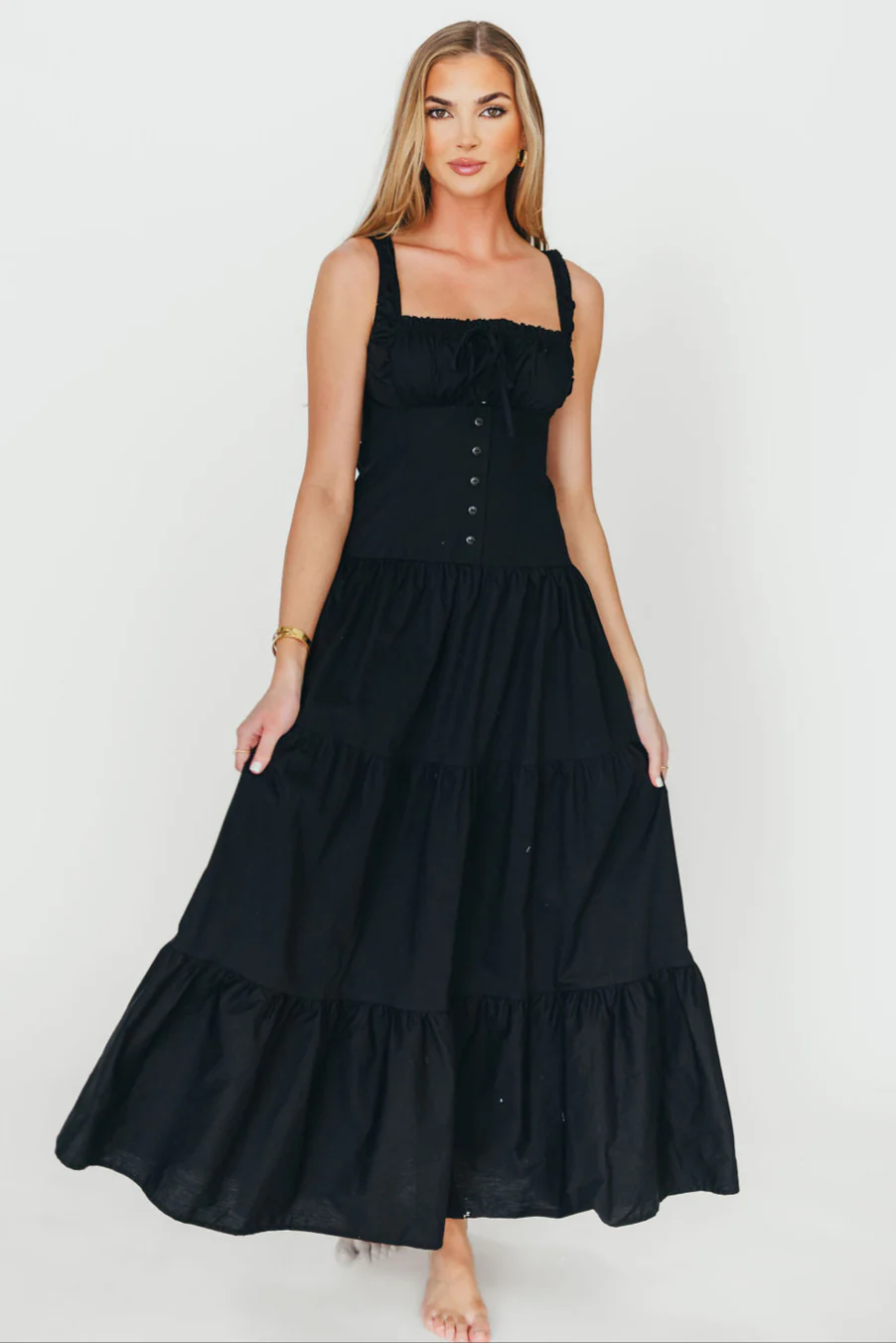 Sutton Corset Button Down Tiered Maxi Dress in Black - Fashionser
