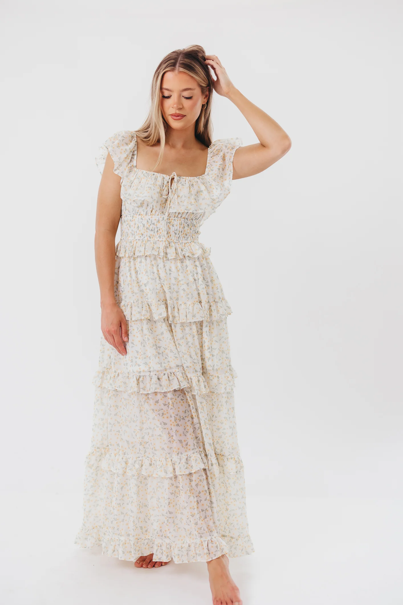 Astrid Ruffle Detail Maxi Dress in Yellow Floral - Bump Friendly - Restocking End of April - Fashionser