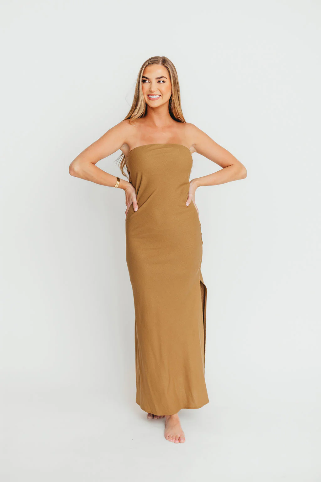 Naidelyn Strapless Maxi Dress in Golden Palm - Fashionser