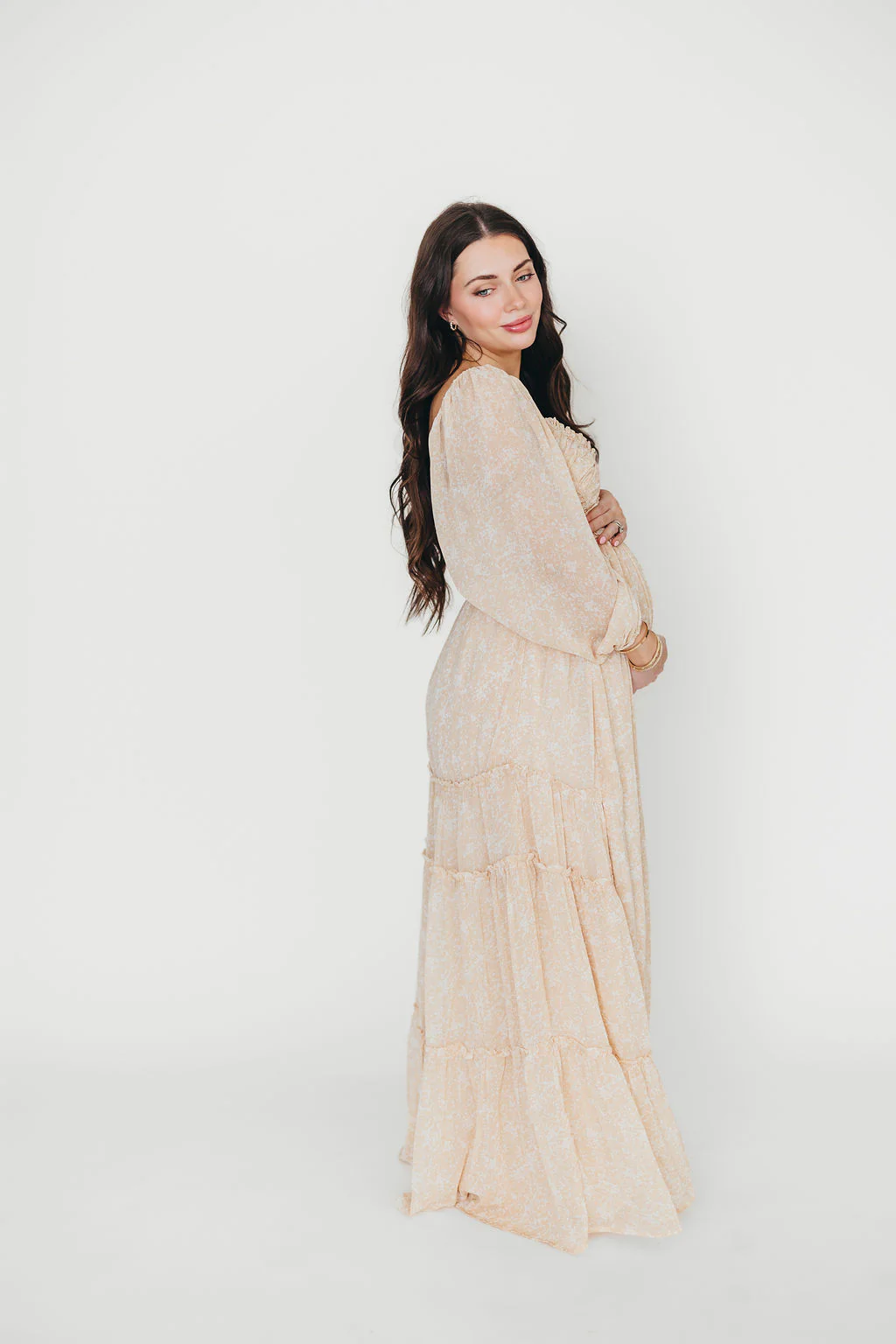 Daphne Long Sleeve Maxi Dress in Light Beige/White Floral - Bump Friendly & Inclusive Sizing (XS-3XL) - Fashionser