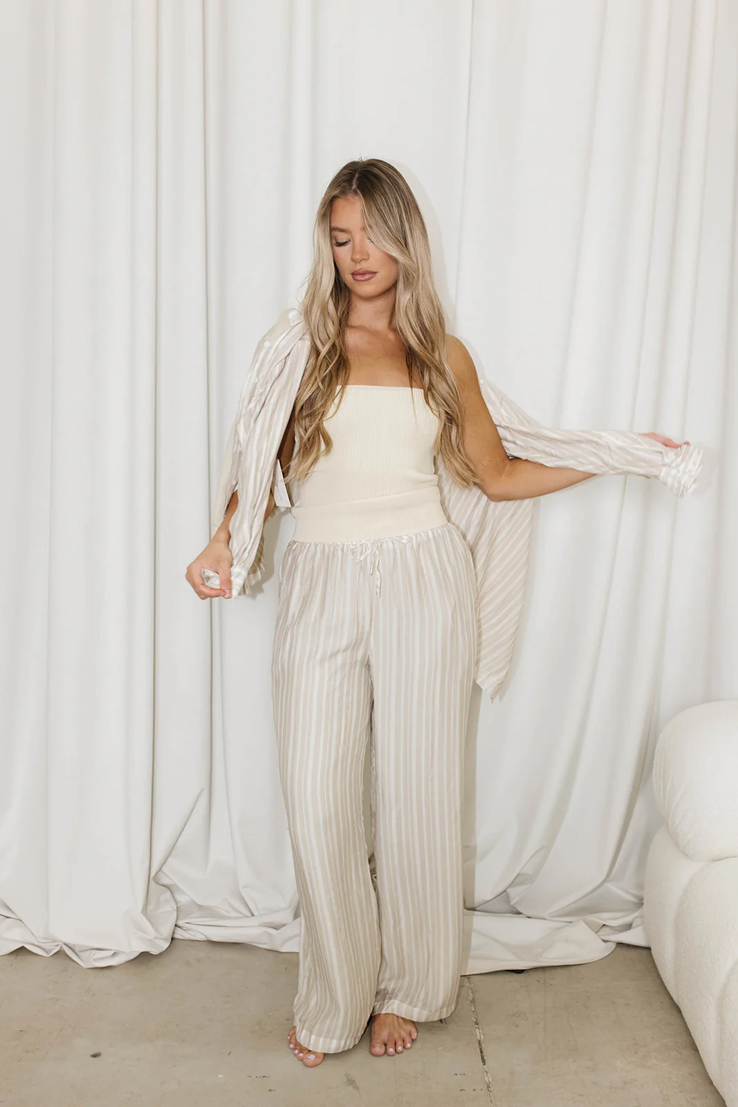 Sloane Striped Button-Down Shirt and Pants Set in Natural - Nursing Friendly - Fashionser