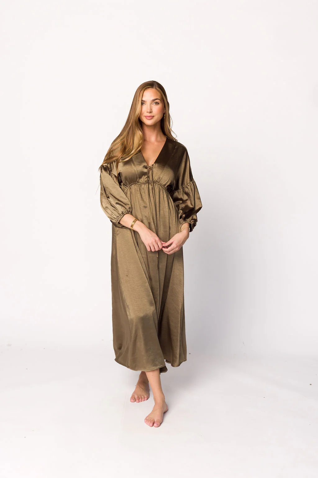 Hunter Premium *Satin* Midi Dress in Tapenade - Bump Friendly - Fashionser