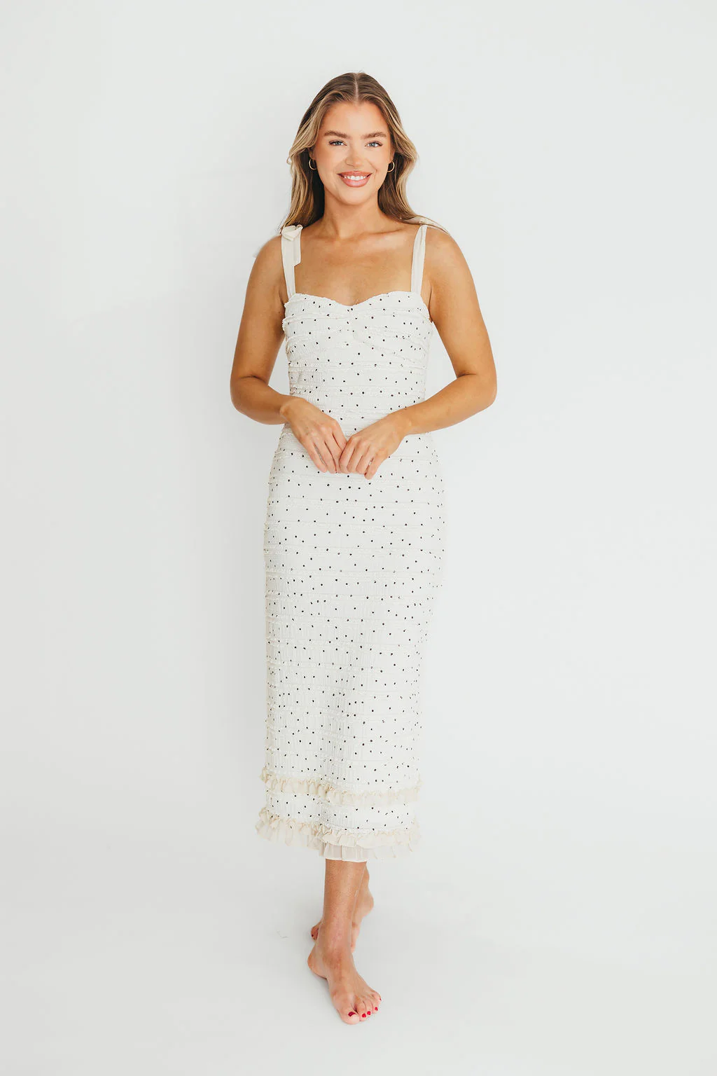 Maddie Tie Strap Ruffled Midi Dress in Ivory - Fashionser