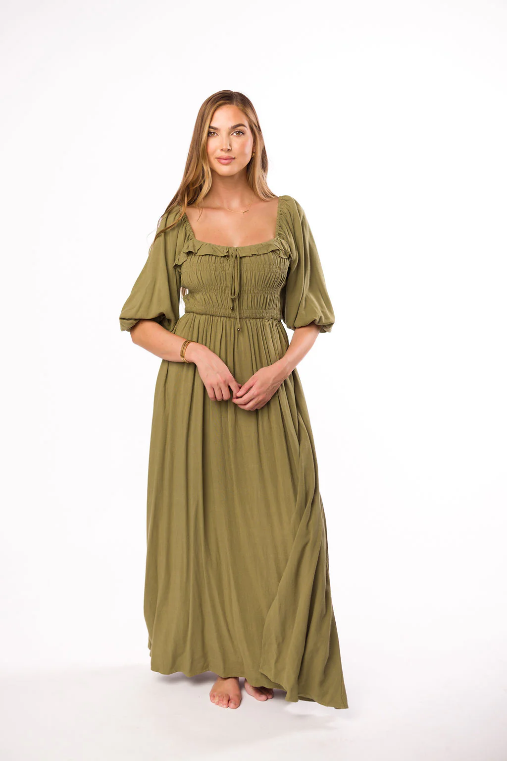 Devon Smocked Maxi Dress in Light Olive - Bump Friendly - Fashionser