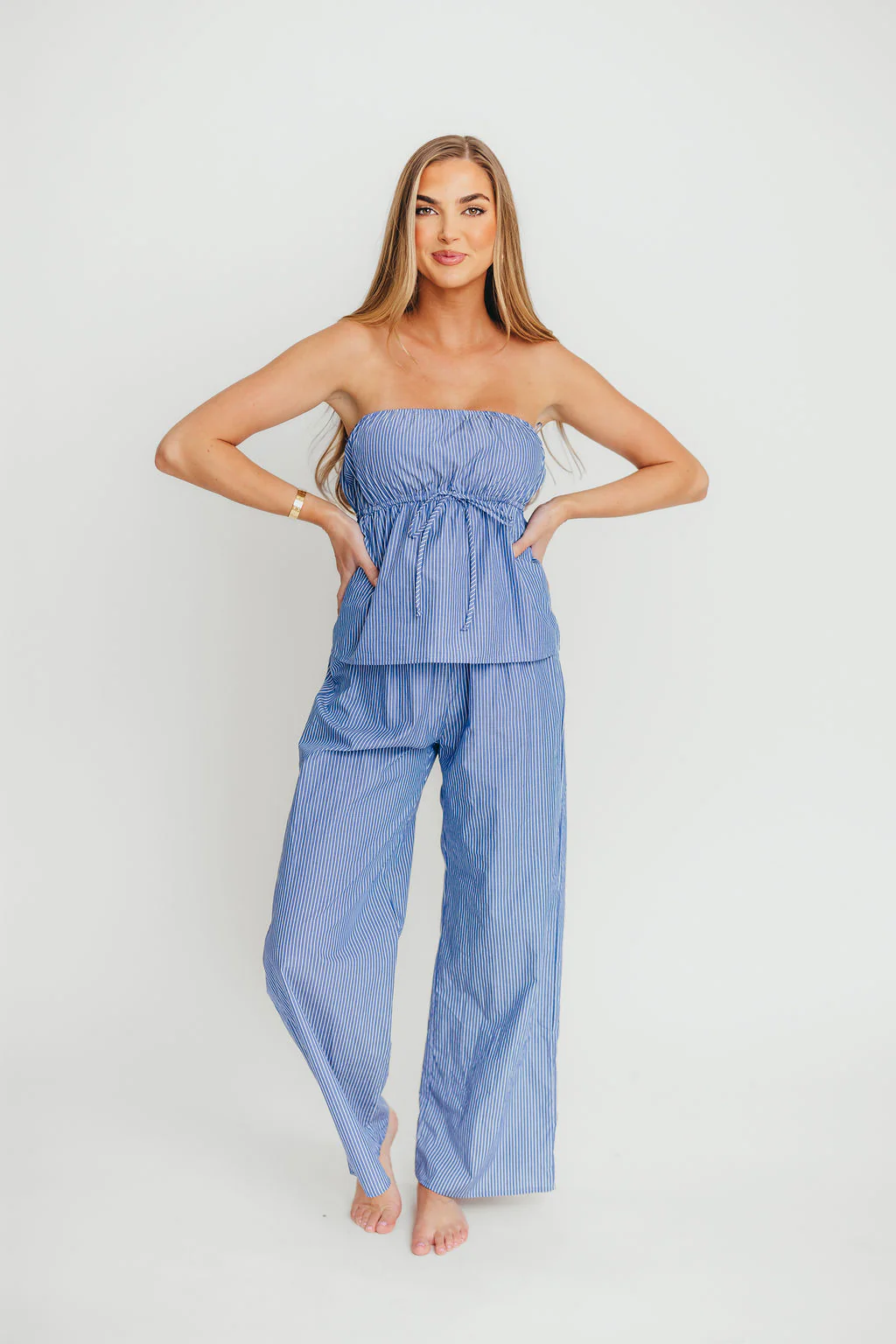 Shelly 100% Cotton Tube Top and Pants Set in Blue Stripe - Fashionser