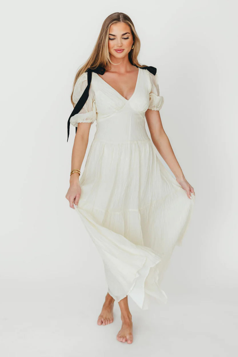 Iris Puffy Sleeve with Bows Maxi Dress in Cream - Fashionser
