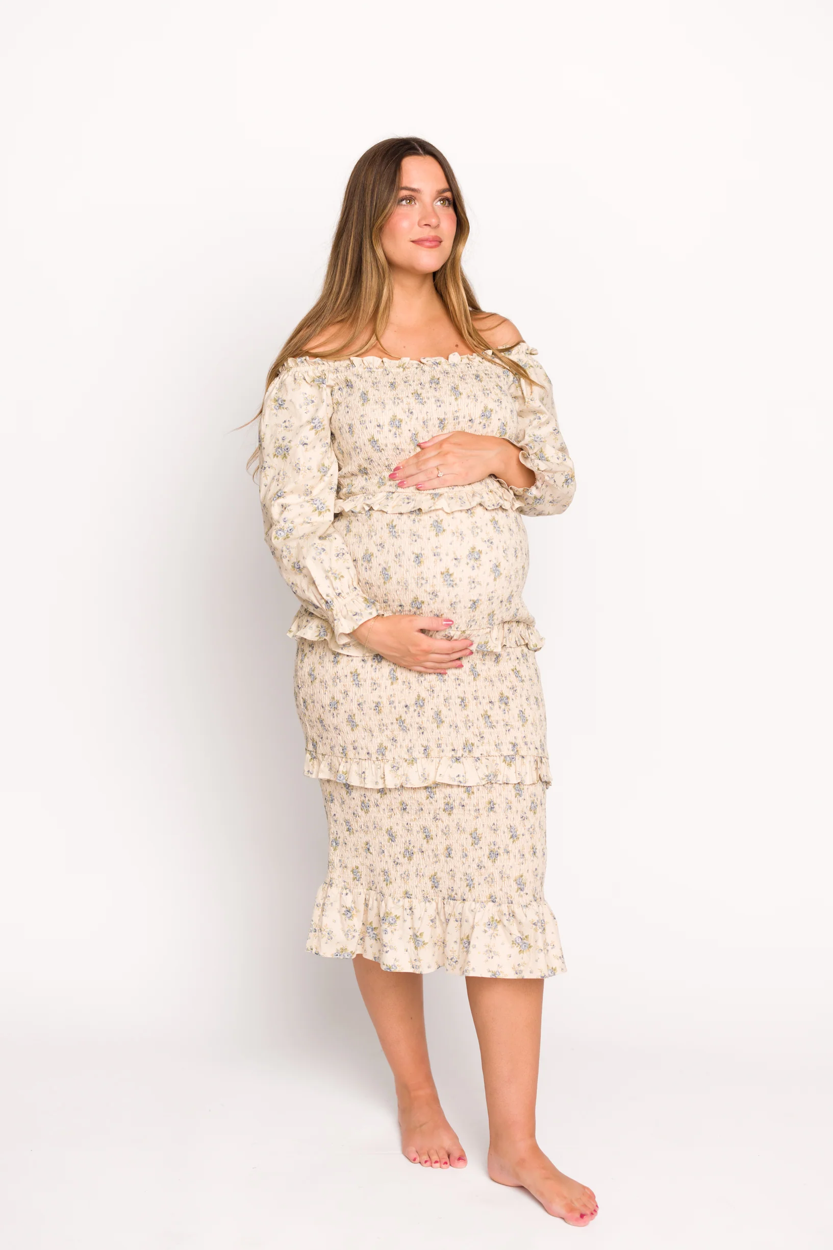 Lila Floral Printed Smocked Midi Dress in Blue - Bump Friendly - Fashionser