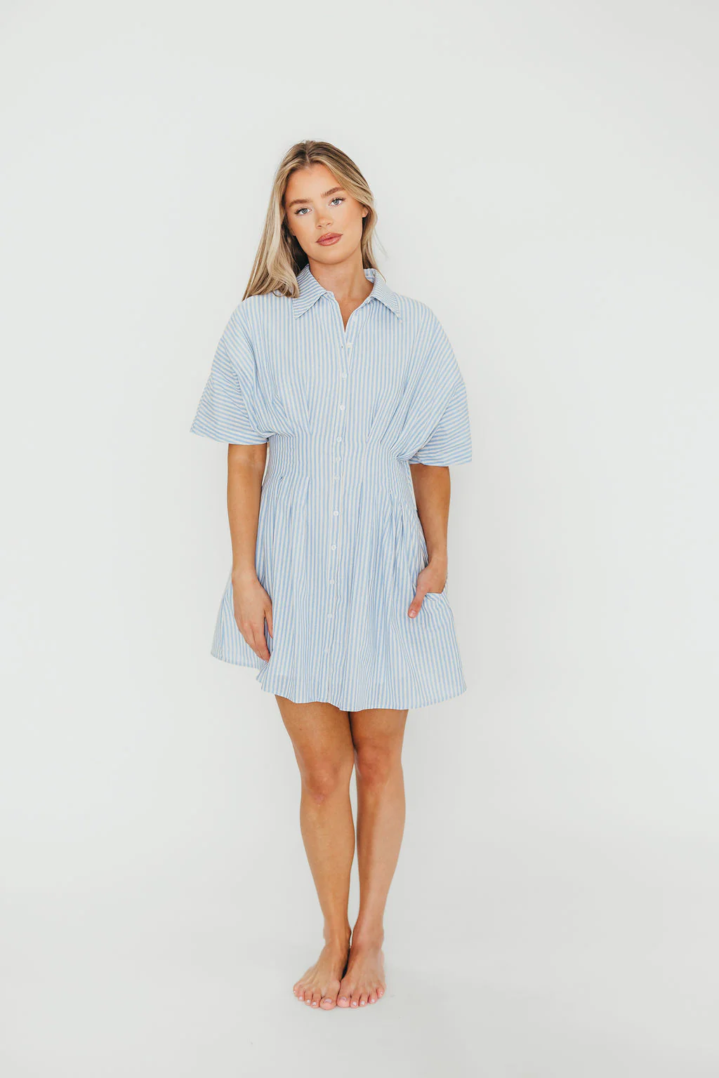 Jojo 100% Cotton Pleated Mini Shirt Dress in Blue - Fashionser