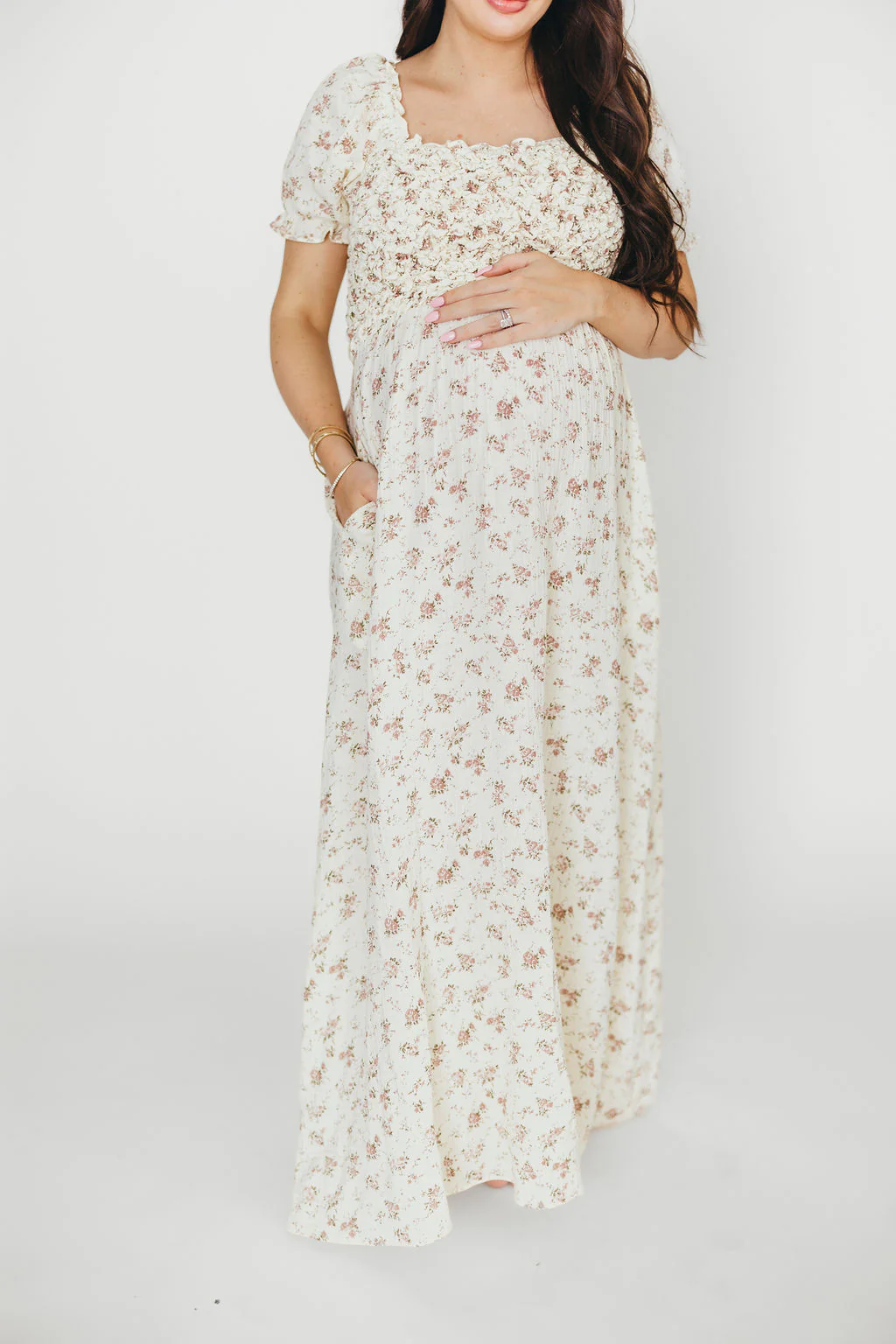 Emilia Smocked Maxi Dress in Ivory/Mauve FloralEmilia 100% Cotton Smocked Maxi Dress in Ivory/Mauve Floral - Bump Friendly - Fashionser