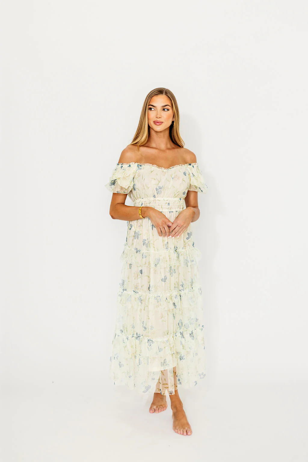 Martha Puff Sleeve Midi Dress in Ivory Mutli - Fashionser