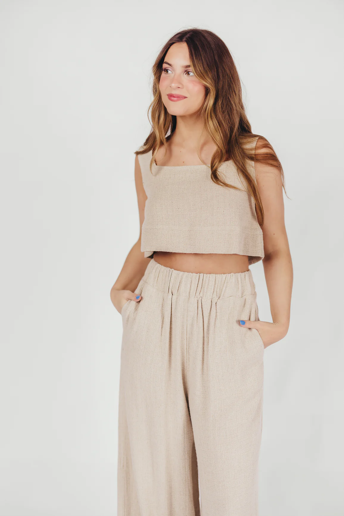Christy Linen-Blend Sleeveless Cropped Top in Sand - Fashionser