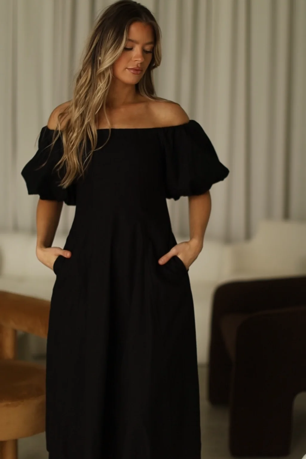 Serenity Off-The-Shoulder Midi Dress in Black - Fashionser