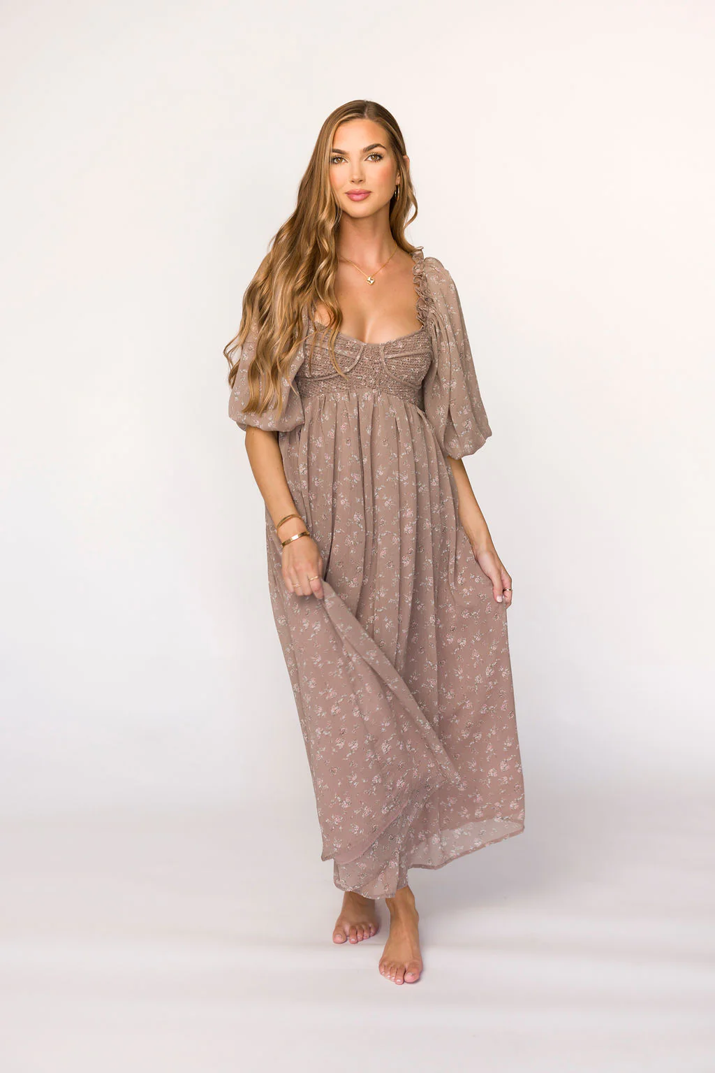 Harlow Maxi Dress in Taupe Floral - Bump Friendly - Fashionser