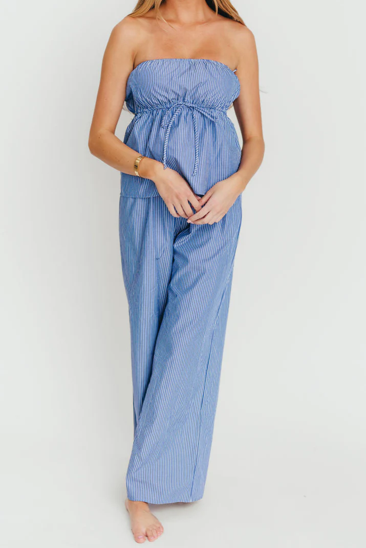 Shelly 100% Cotton Tube Top and Pants Set in Blue Stripe - Fashionser