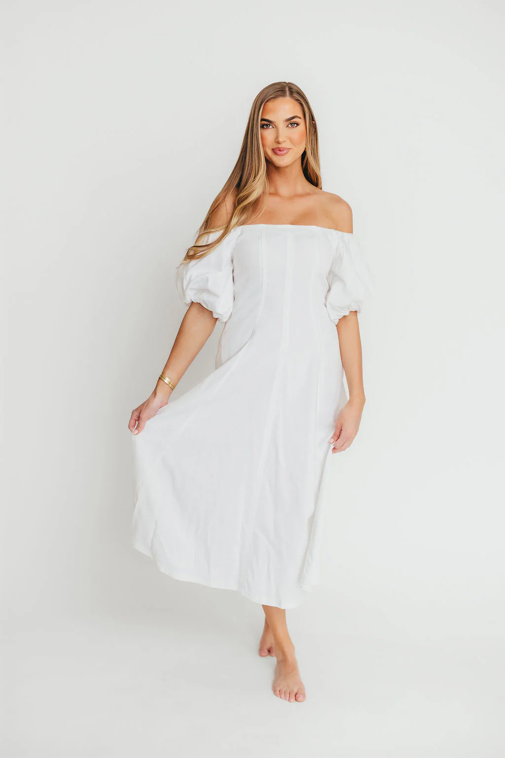 Serenity Off-The-Shoulder Midi Dress in Ivory - Fashionser
