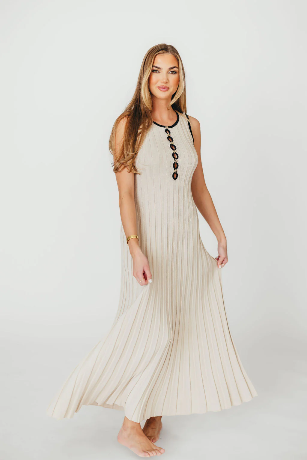 Brianne Button Down Ribbed Knit Maxi Dress in Taupe/Black - Fashionser