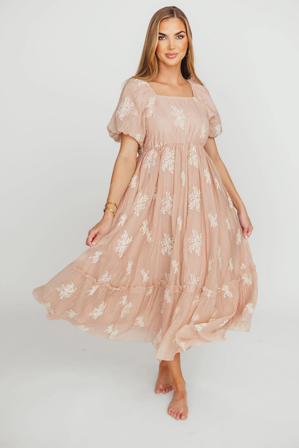 Hallie Embroidered Maxi Dress in Blush - Bump Friendly & Inclusive Sizing (S-3XL) - Fashionser