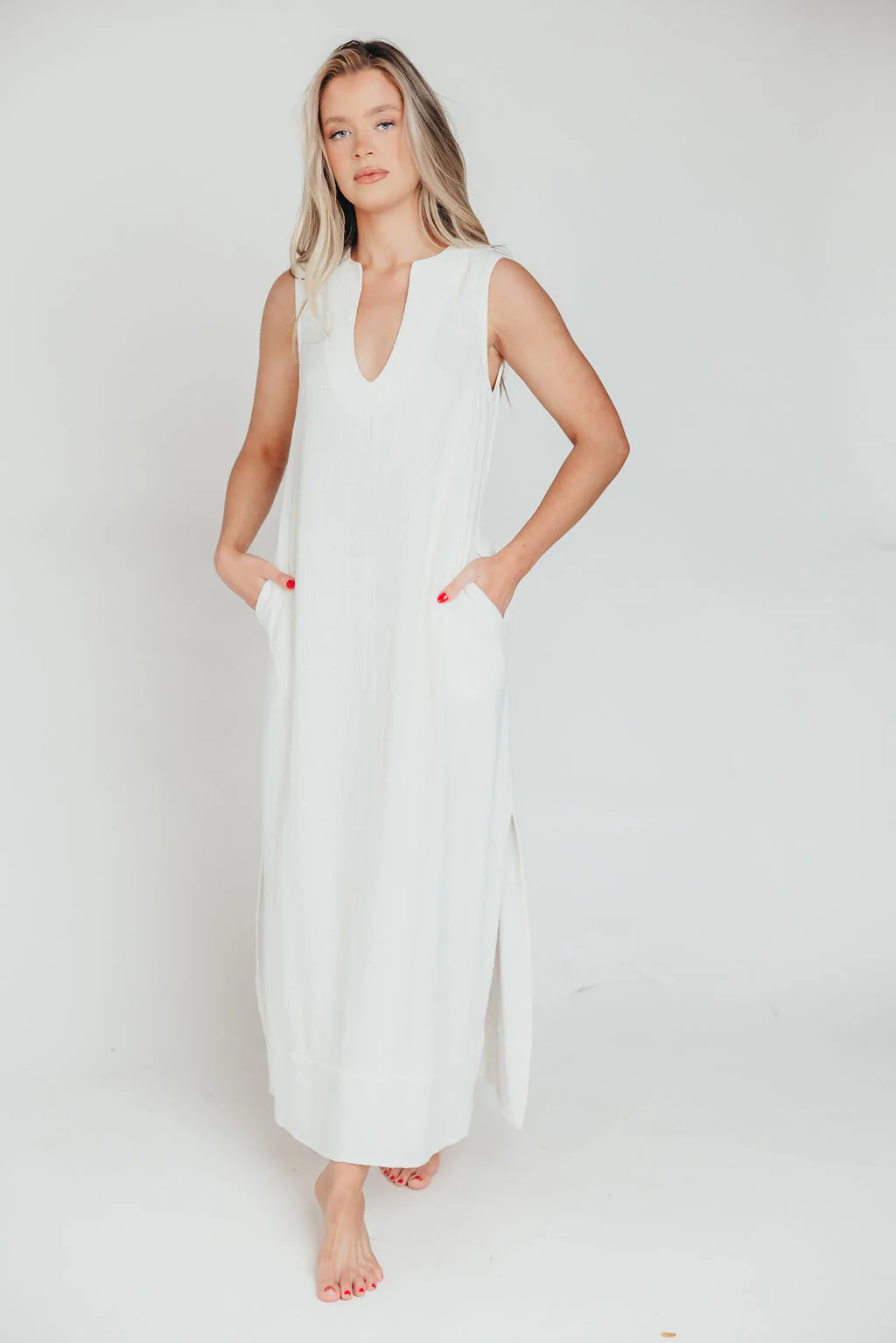 How Sweet It Is Sleeveless Linen-Blend Maxi in Ivory - Bump Friendly - Fashionser
