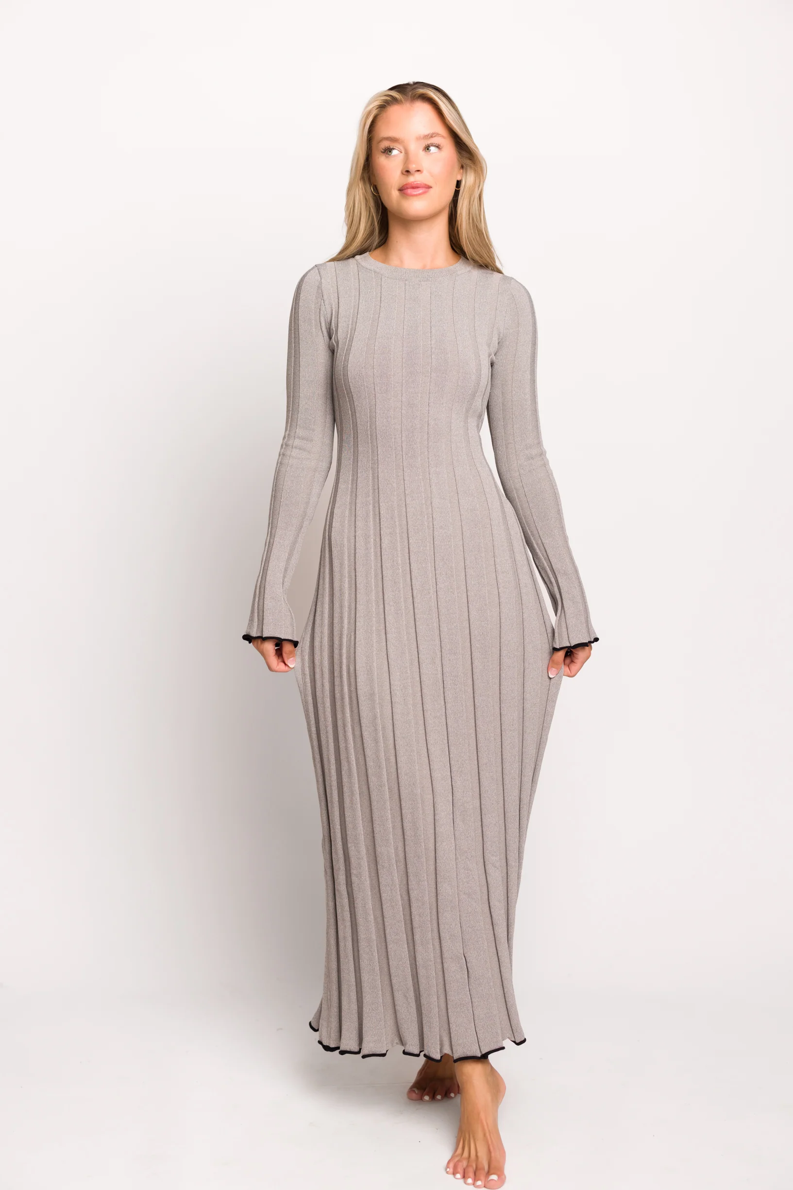 Bentley Long Sleeve Ribbed Knit Maxi Dress in Heather Gray with Black Trim - Bump Friendly - Fashionser