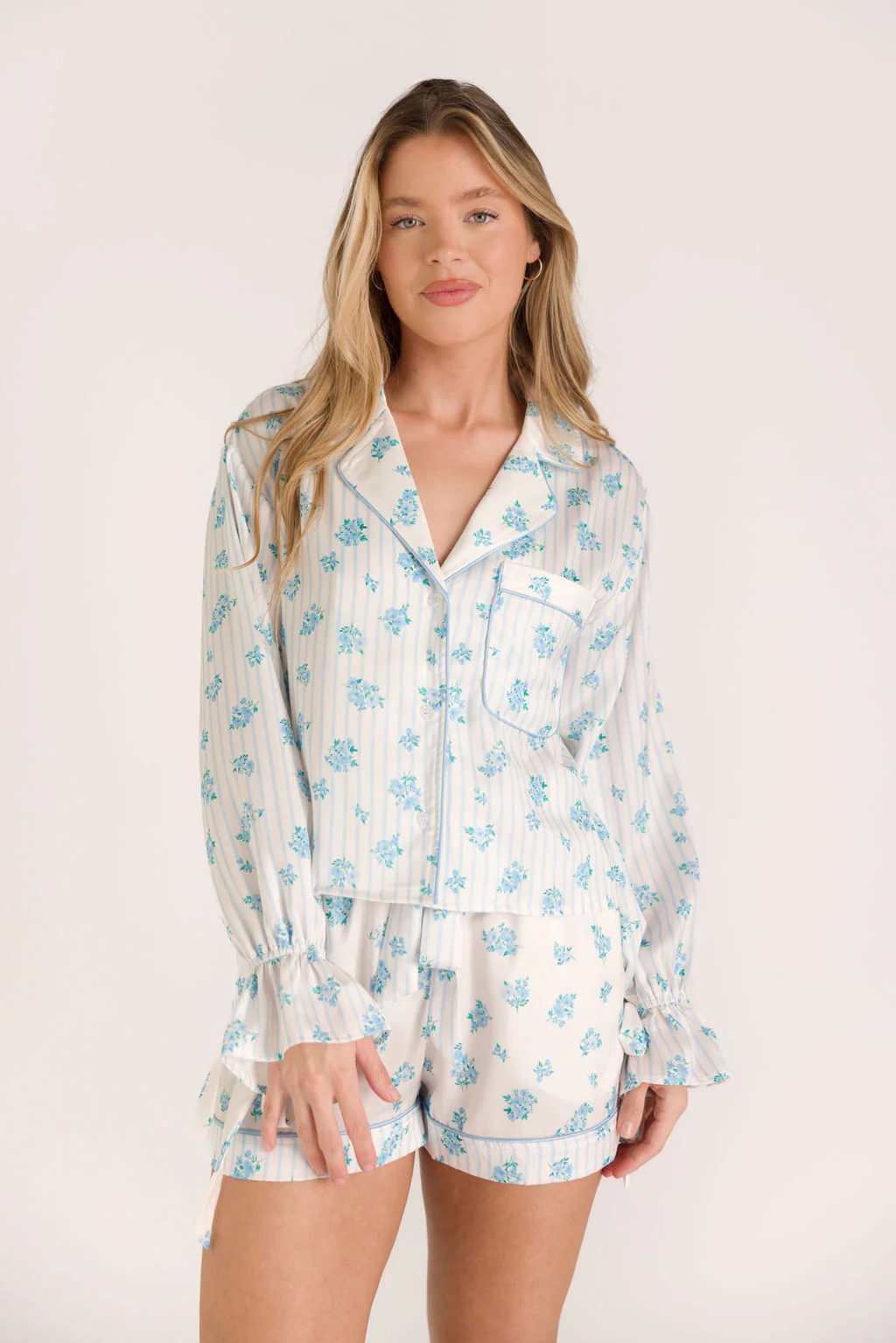 Lottie Satin Pajama Set in White/Blue Floral and Stripes - Fashionser