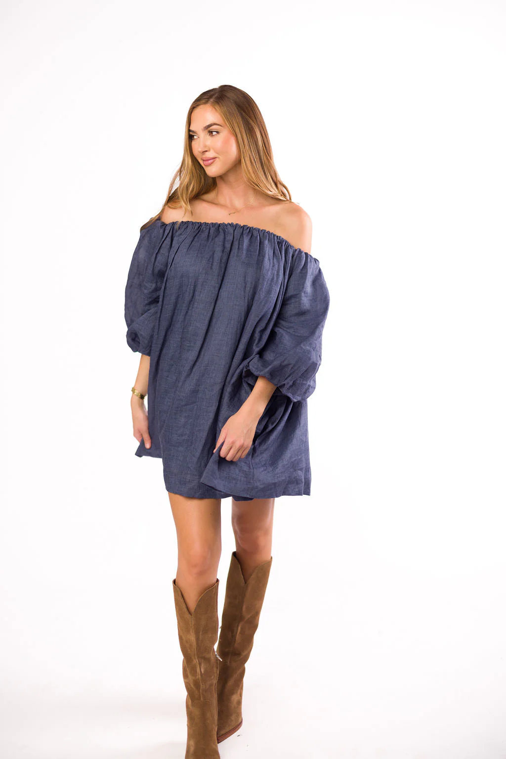 Cassidy 100% Linen On/Off Shoulder Mini Dress in Denim - Fashionser