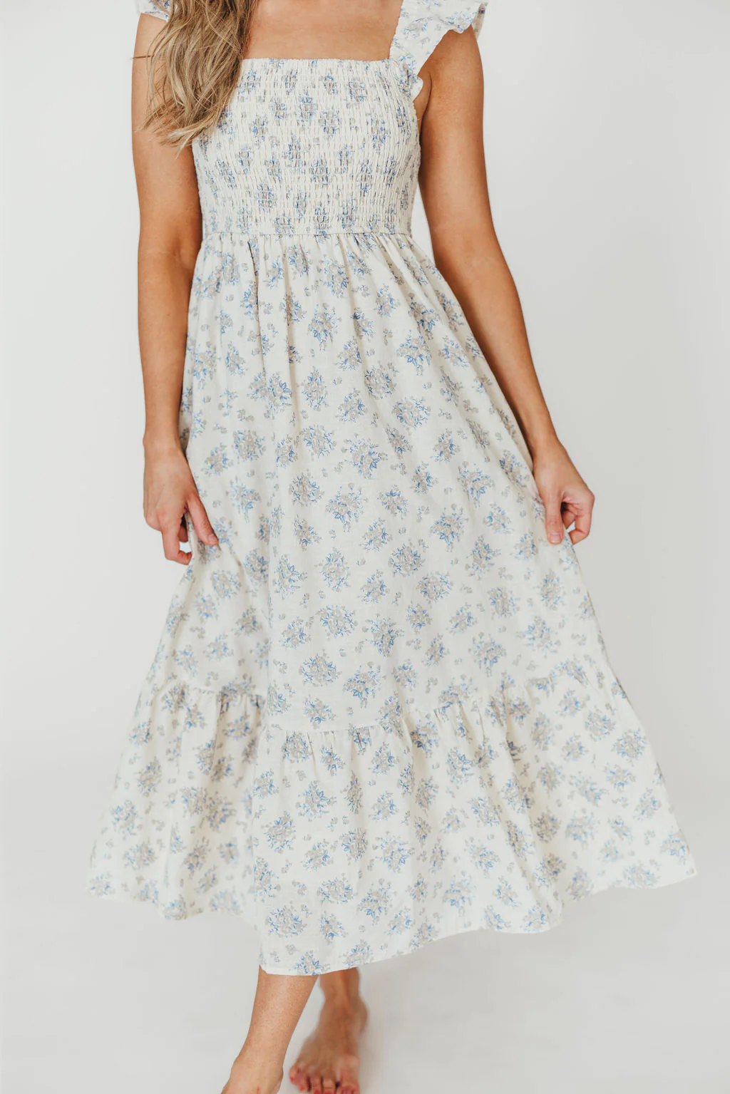 Collins 100% Cotton Smocked Ruffle Tank Midi Dress in Cream/Blue Floral - Fashionser