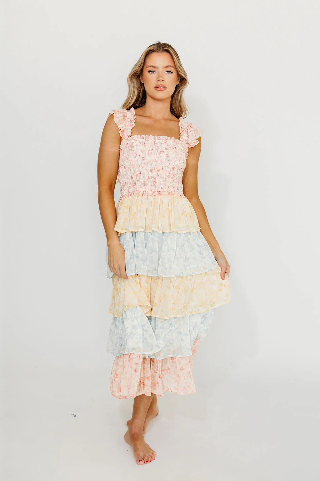 Myla Ruffle Tiered Midi Dress in Pink Multi - Fashionser