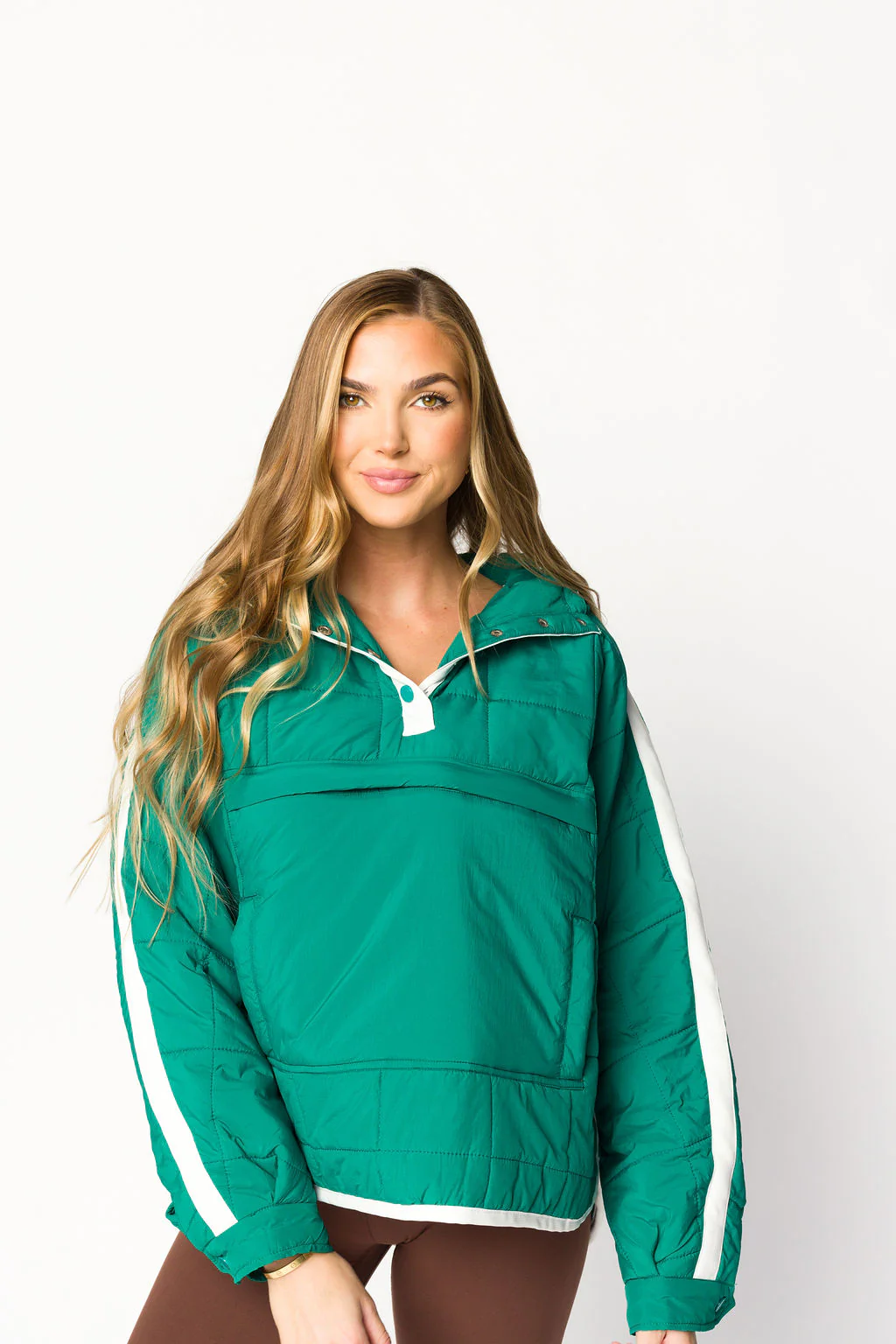 Joanna Quilted Puffer Pullover in Hunter Green/White - Fashionser