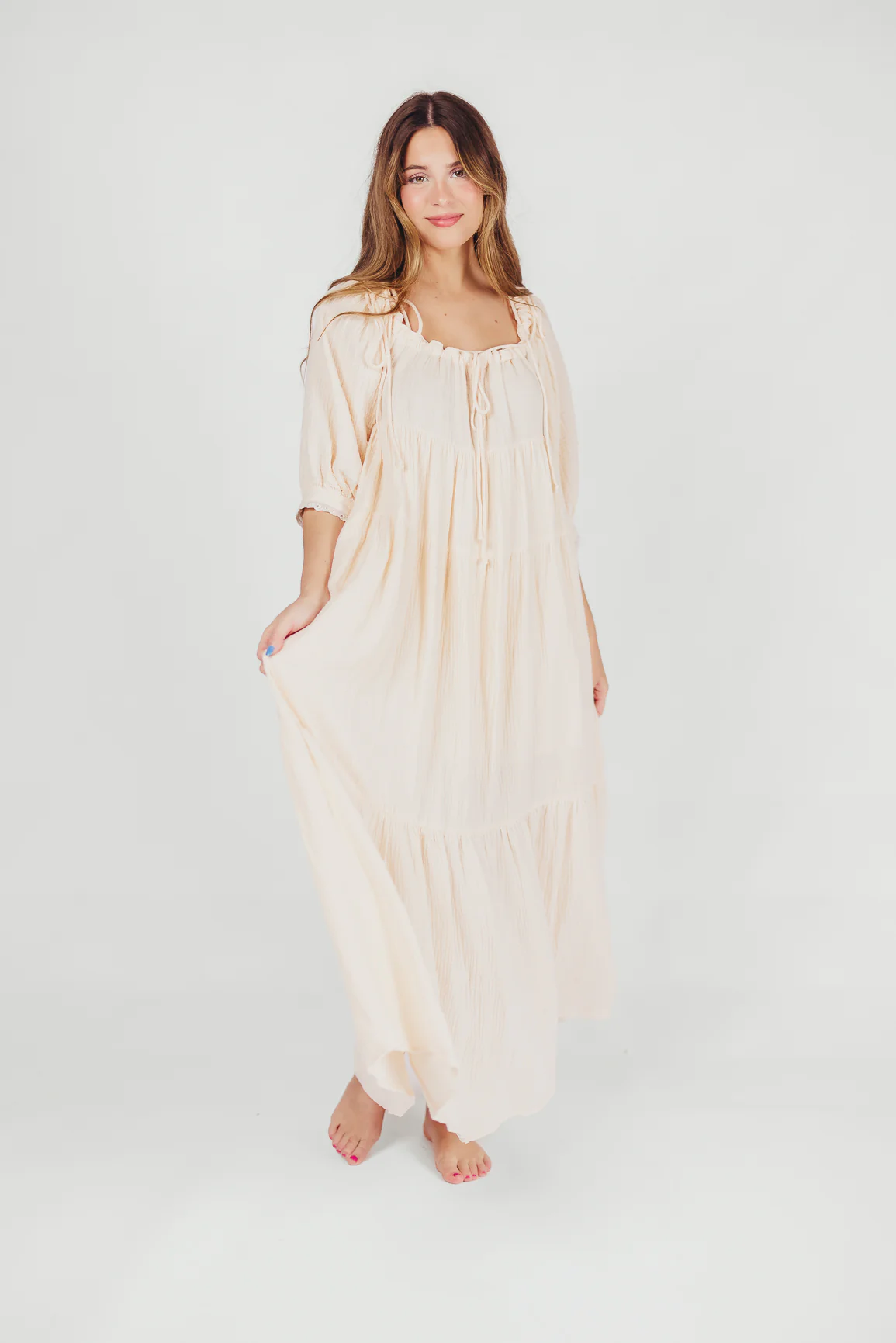 Goddess 100% Cotton Babydoll Maxi Dress in Blush - Bump Friendly - Fashionser