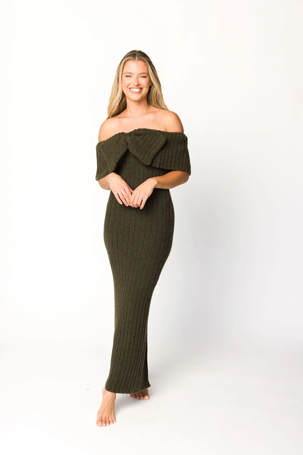 Aston Bow Front Maxi Sweater Dress in Dark Green - Bump Friendly - Fashionser