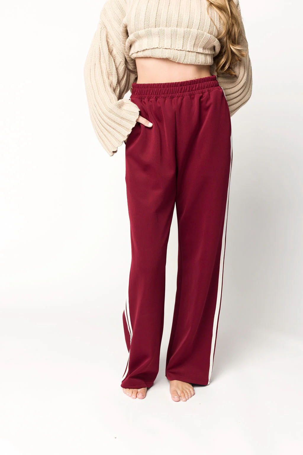 Sue Wide Leg Track Pants in Burgundy - Fashionser