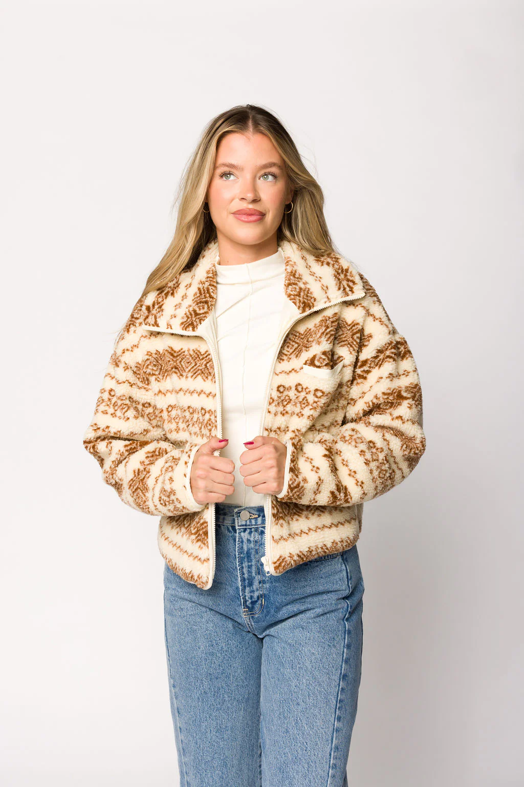 Sylvie Printed Fleece Jacket in Cream - Fashionser