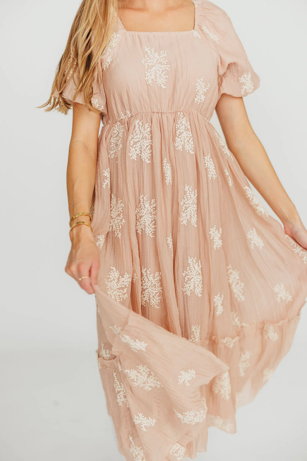 Hallie Embroidered Maxi Dress in Blush - Bump Friendly & Inclusive Sizing (S-3XL) - Fashionser