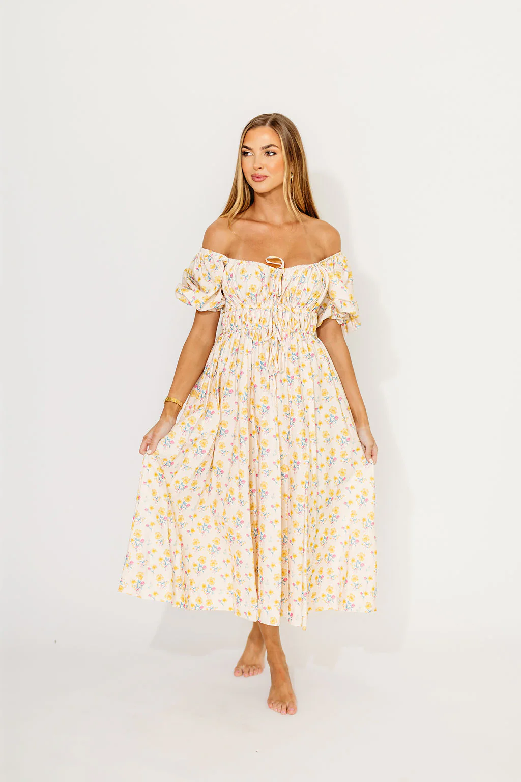 Kimber Midi Dress with Drawstring Detail in Yellow Floral - Fashionser