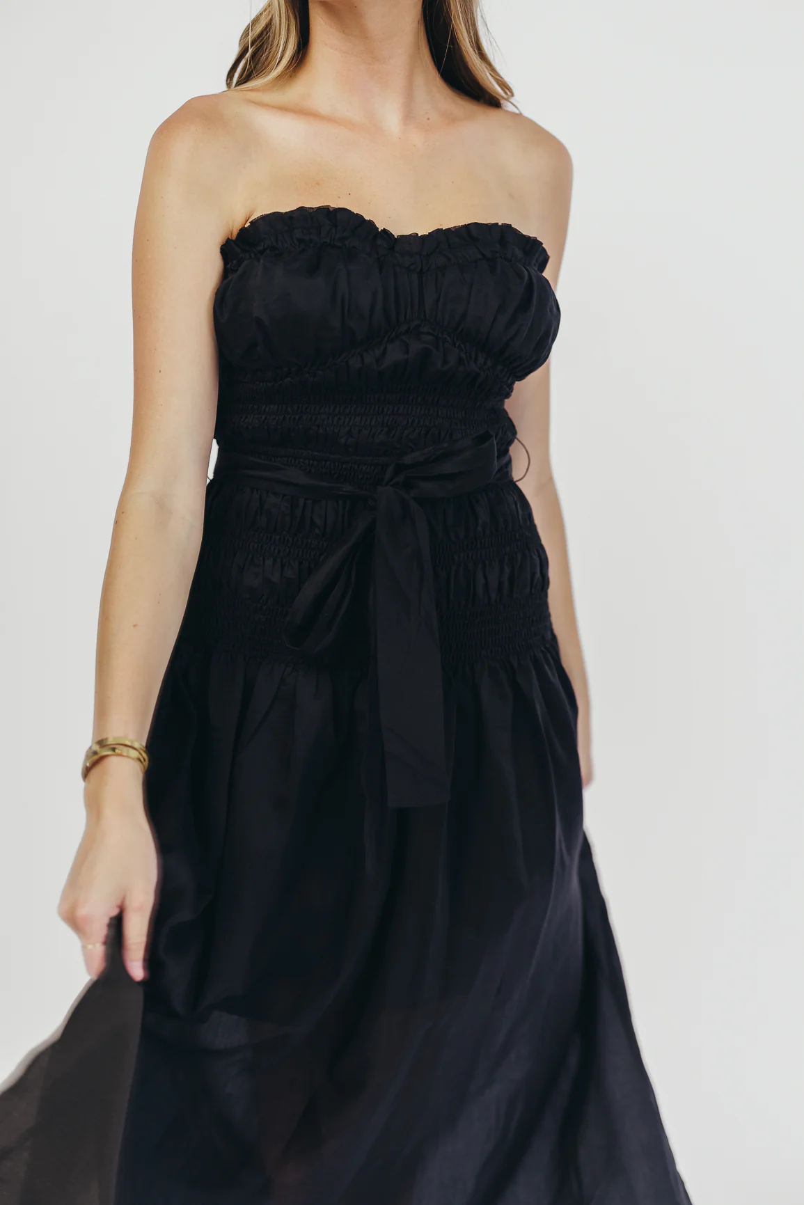 Devin Strapless Midi Dress with Sash in Black - Fashionser