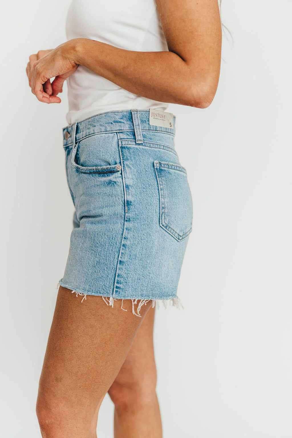 Callie Longer Length Shorts in Light Denim - Fashionser